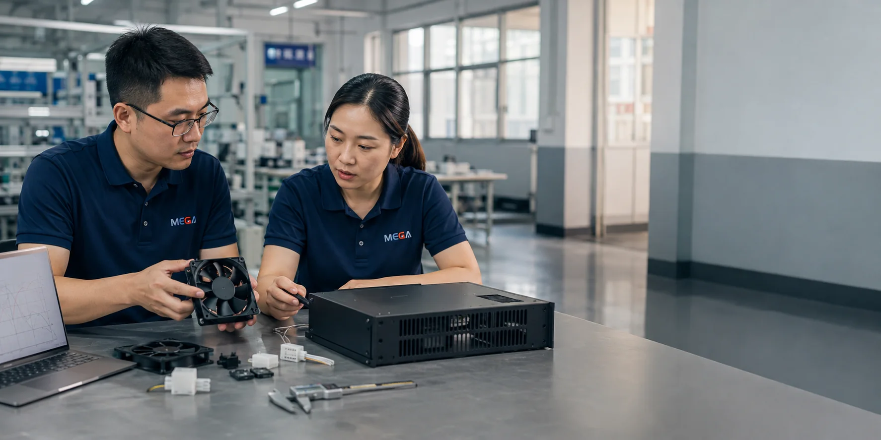 Representative image of engineers reviewing a cooling fan for a revised product enclosure
