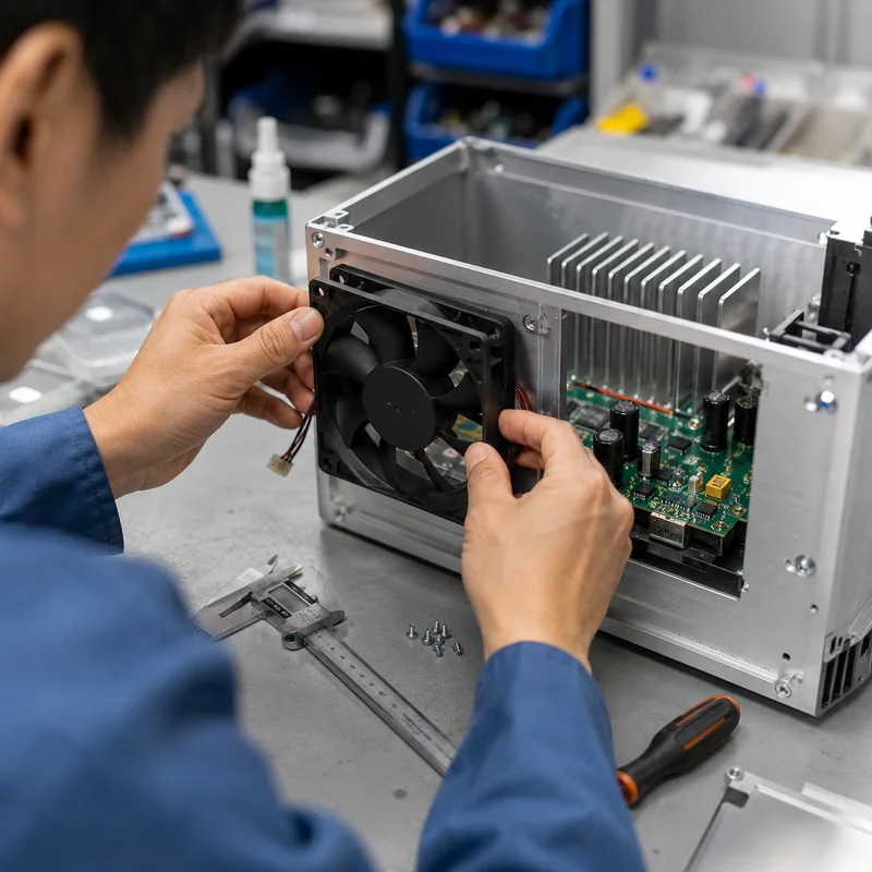 Technician fitting an axial cooling fan into a real product enclosure on the workbench