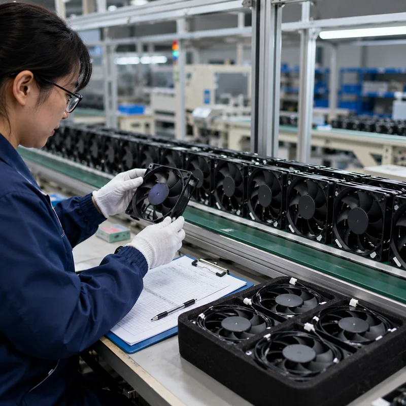 Production quality inspection of cooling fans on the manufacturing line before sign-off