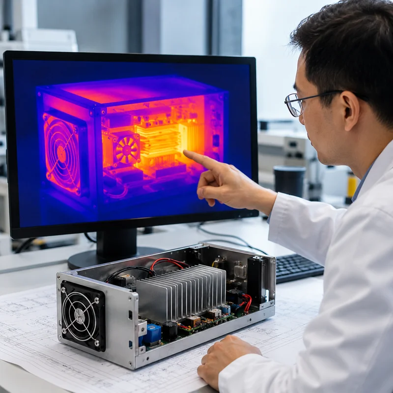 Engineer reviewing an infrared thermal image of a real electronics enclosure to define the cooling challenge