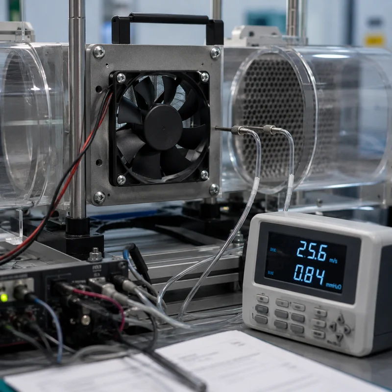 A cooling fan measured on a real airflow test rig with instruments and a live readout