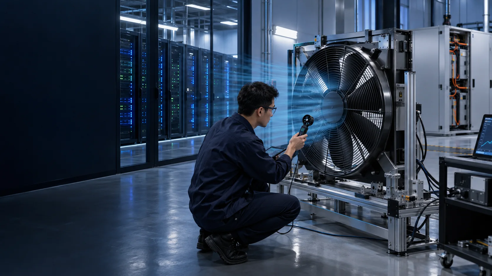 Engineer validating a custom cooling fan in an application test environment