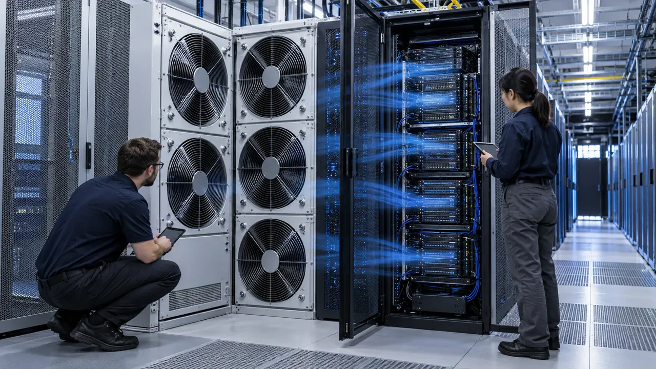 Engineer validating airflow across a data-center fan wall beside an AI server rack