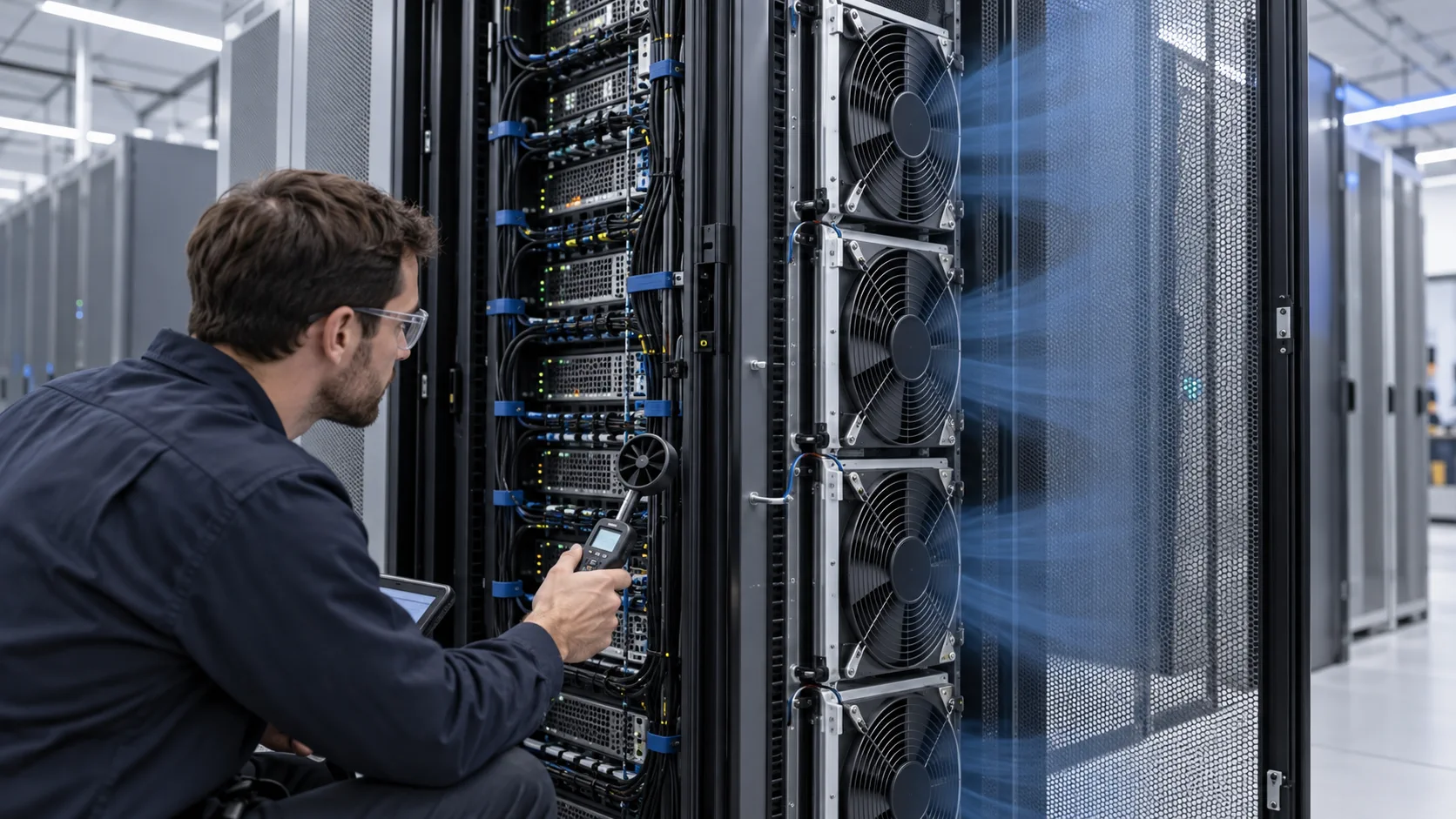 Engineer checking airflow at a rear-door heat exchanger beside a server rack