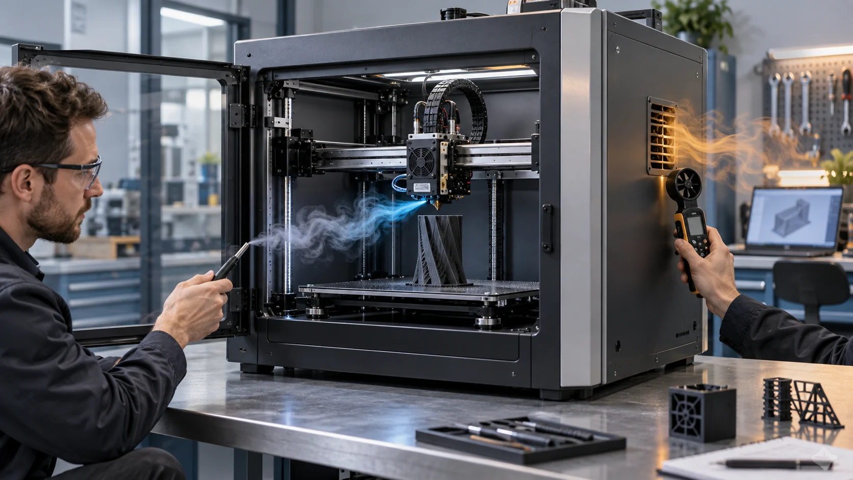 Engineer checking airflow direction on an enclosed 3D printer with a handheld anemometer and visible blue and amber air paths