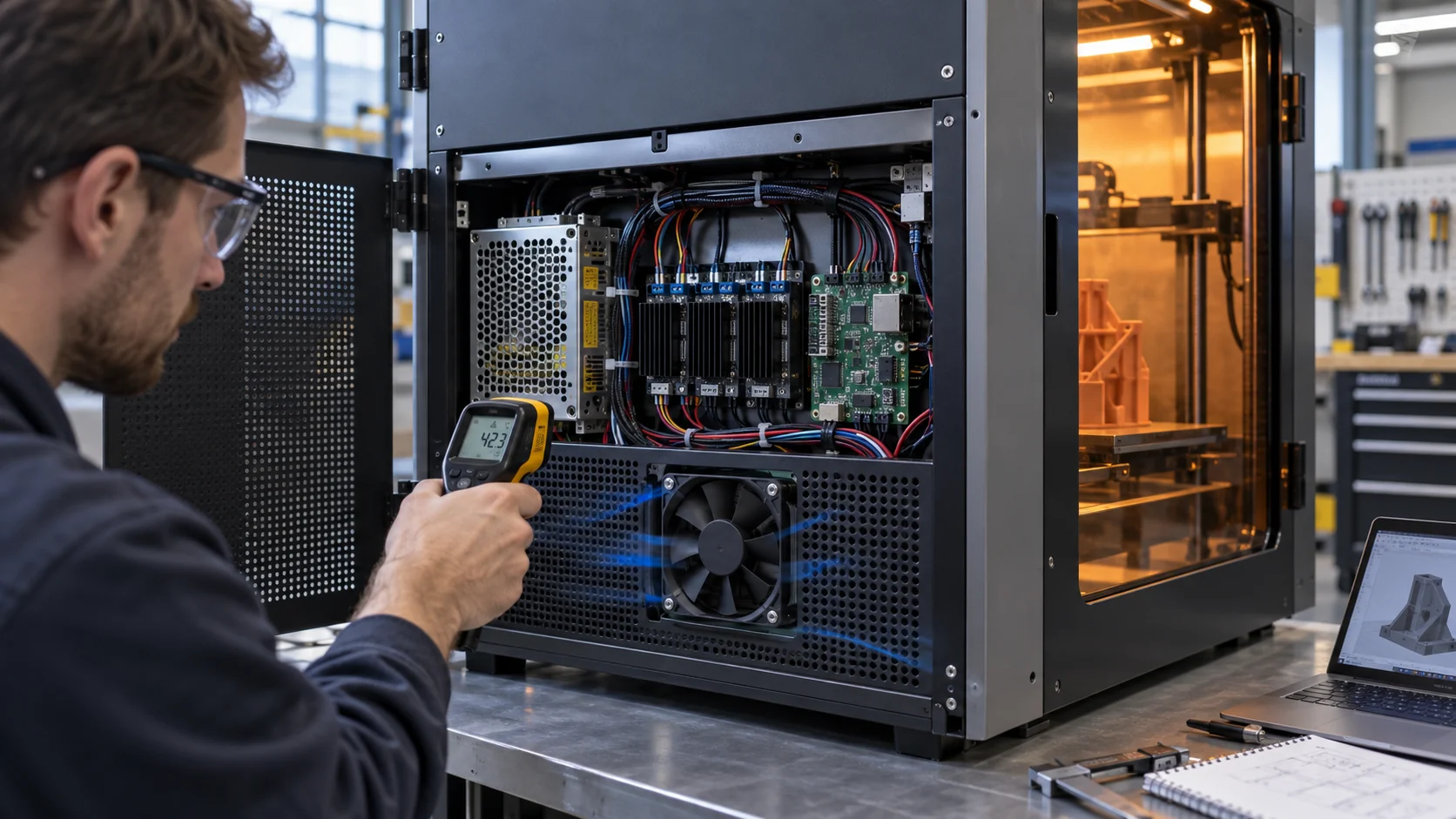 Engineer checking a compact electronics-bay cooling fan and controller temperature inside an enclosed industrial 3D printer