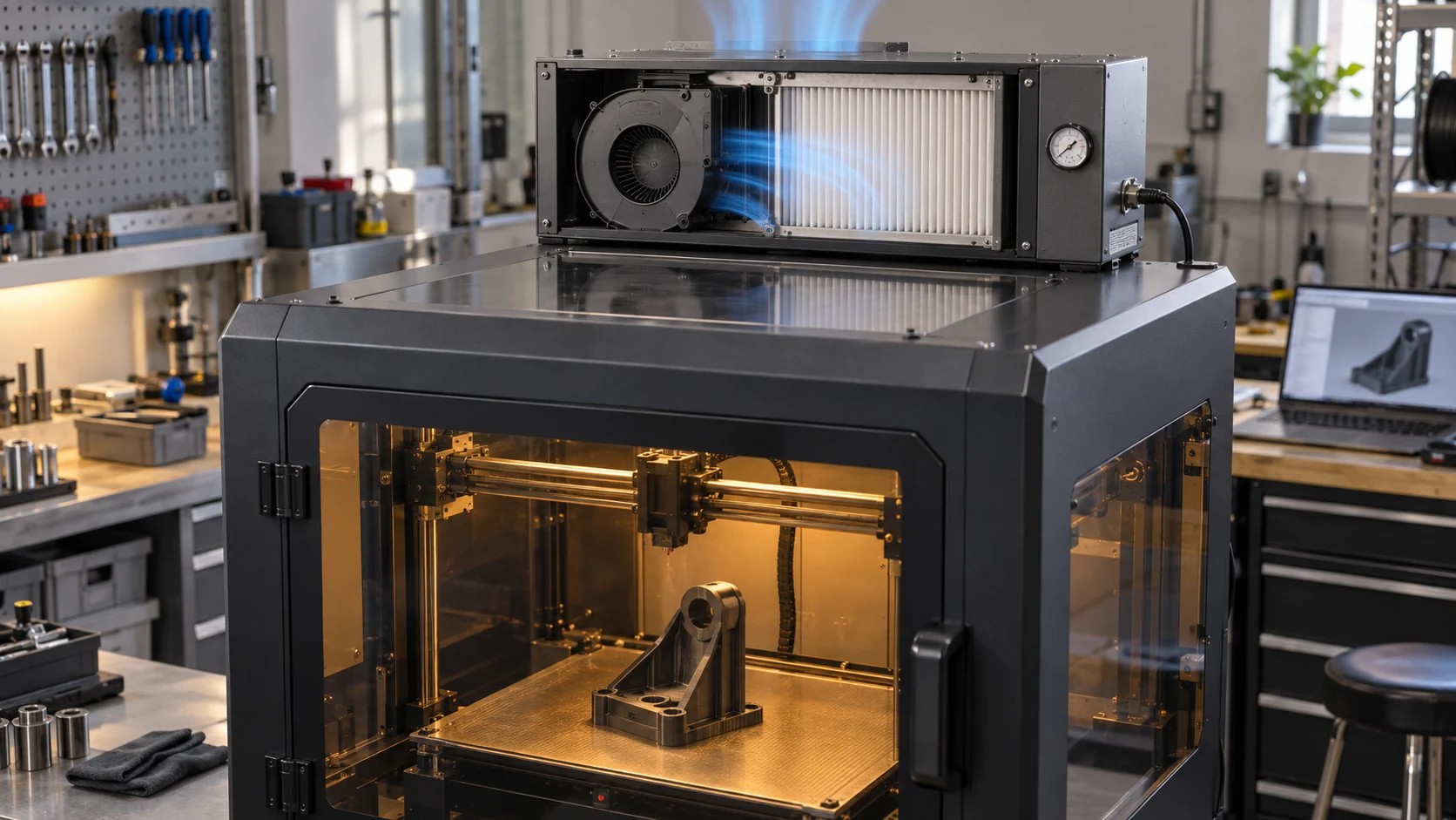 Industrial enclosed 3D printer with a realistic external blower and pleated filtration module