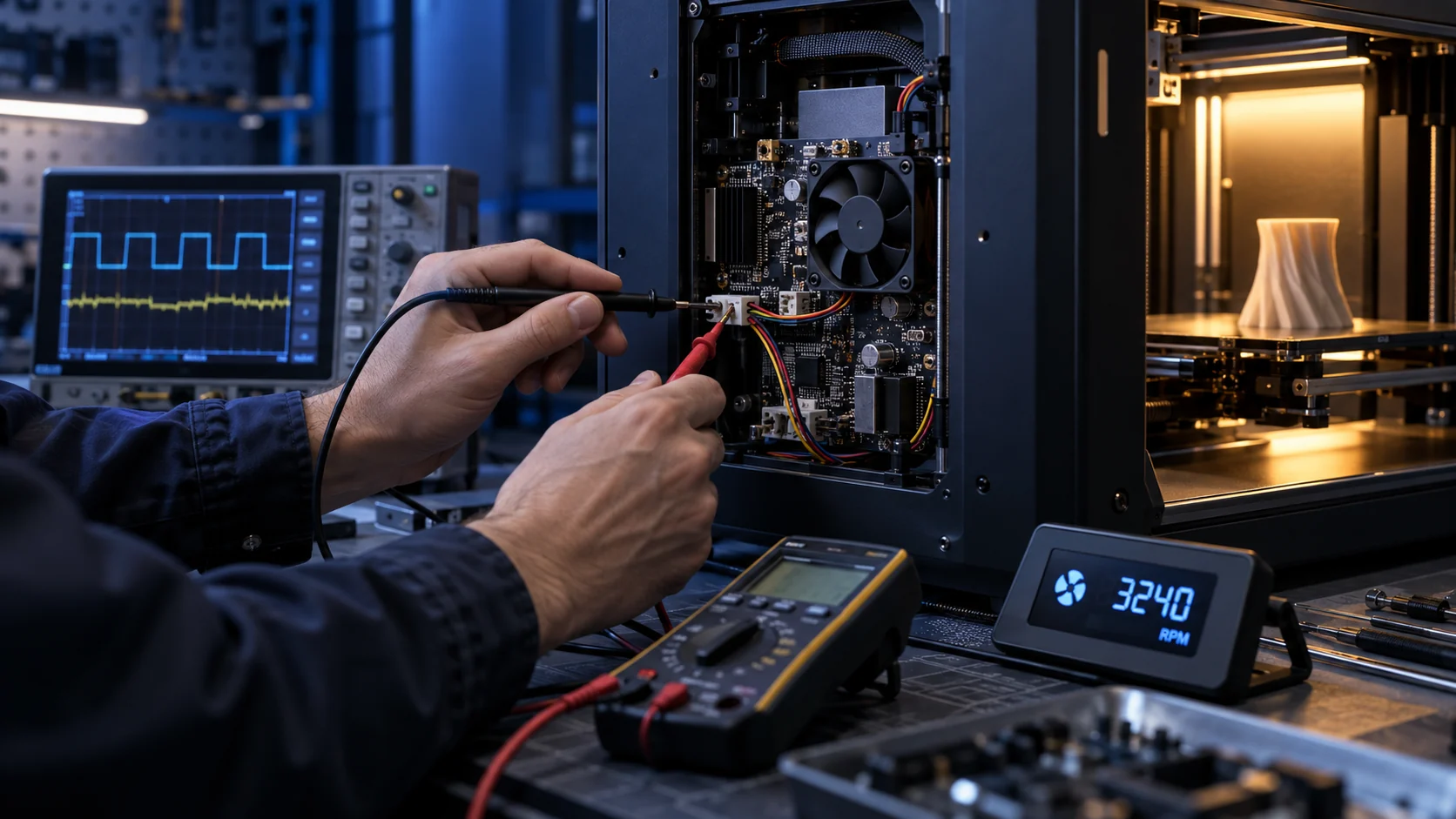 Engineer checking a 3D printer controller, fan connector and tachometer signal with test instruments