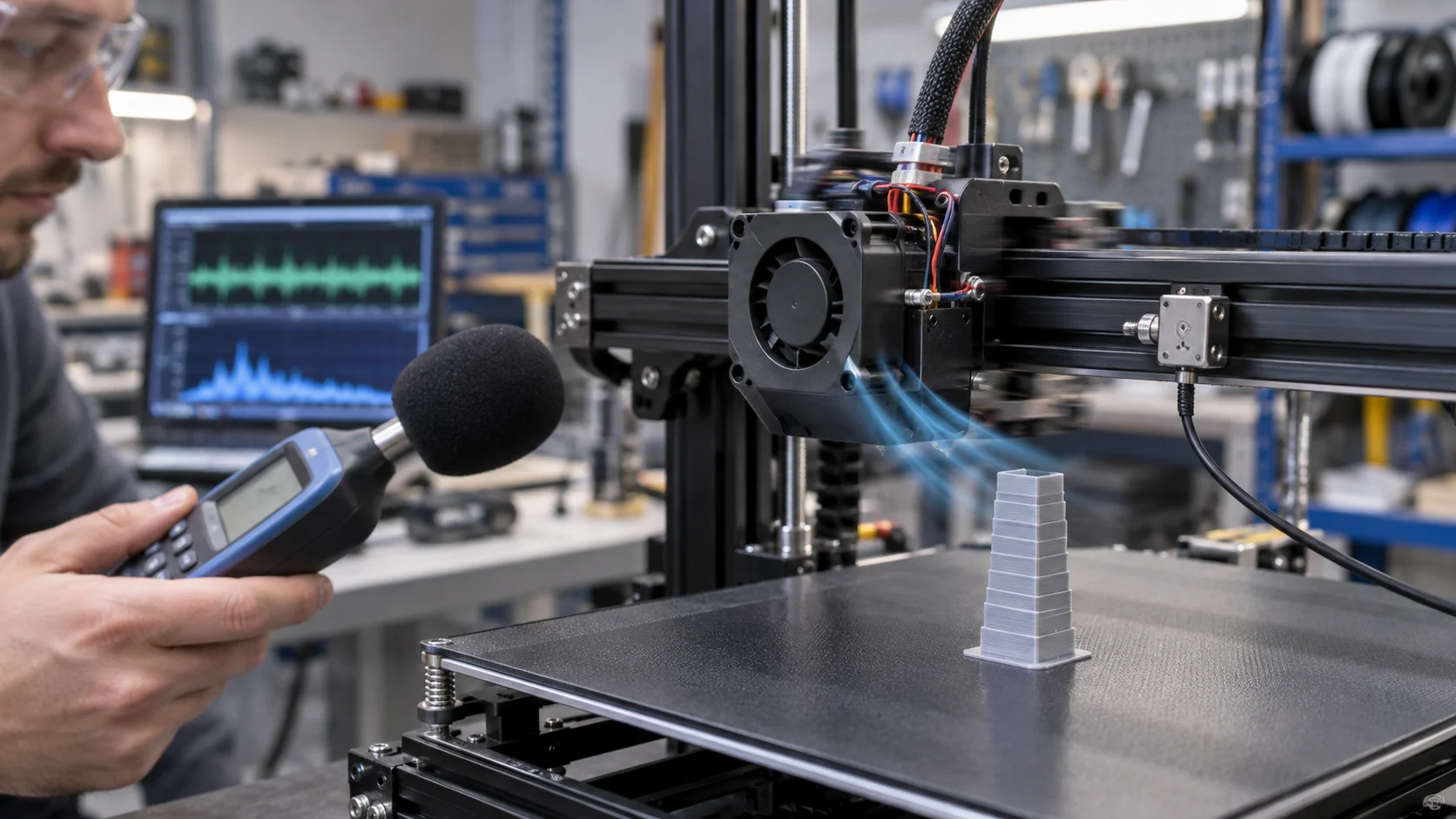 Engineer measuring sound and vibration beside a moving 3D printer toolhead cooling fan in a workshop