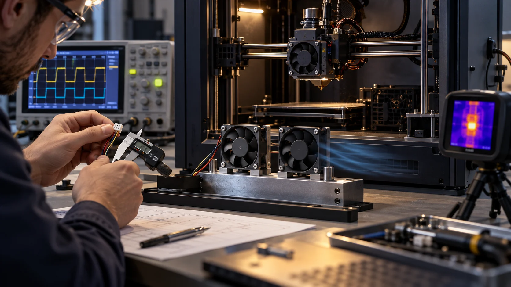 Engineer comparing two compact 3D printer cooling fans with a connector and thermal test equipment on a laboratory bench