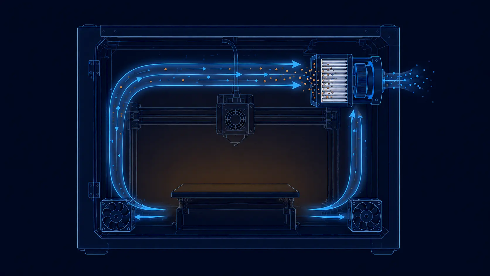 3D printer enclosure ventilation filter and air-path detail used to review electronics-bay service restriction