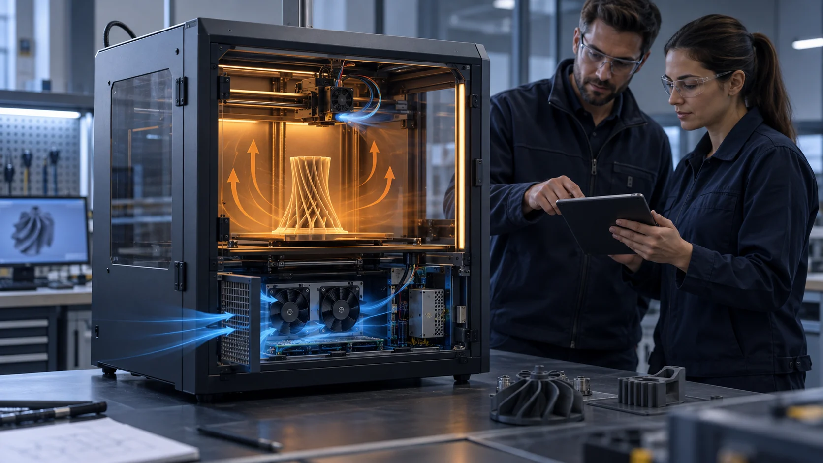 Enclosed FDM printer with warm print chamber, local print-head airflow and a separate electronics compartment supplied with cool filtered air