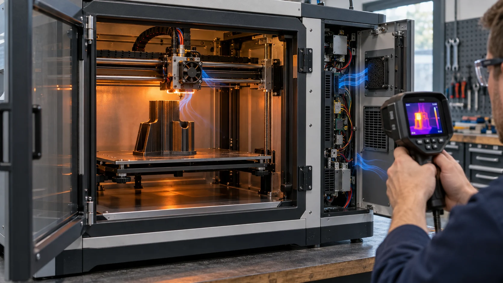 Engineer using a thermal camera to inspect separate hotend, part and electronics cooling paths in an enclosed 3D printer