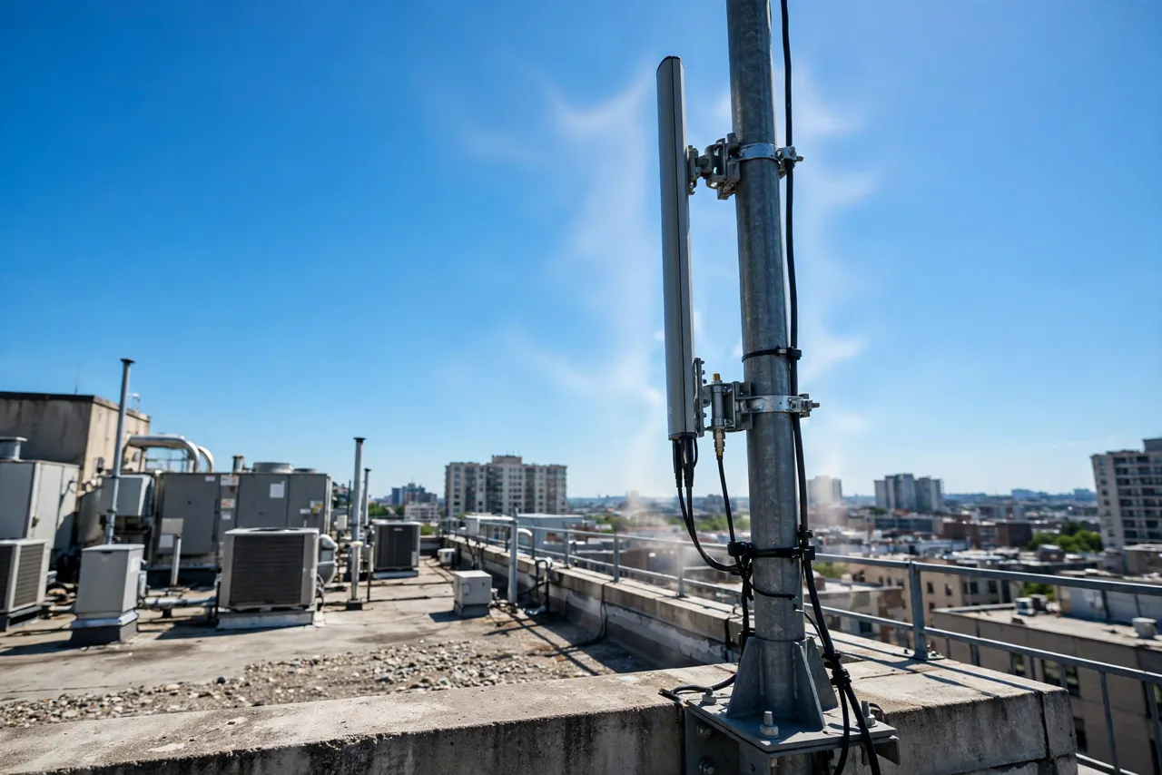 5G active antenna unit mounted on a telecommunications pole in direct sunlight