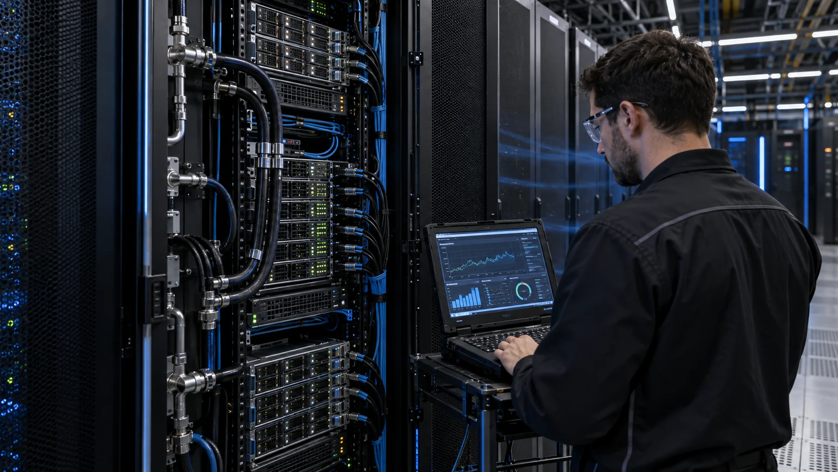 Technician commissioning an AI rack with compact server fans and liquid cooling connections