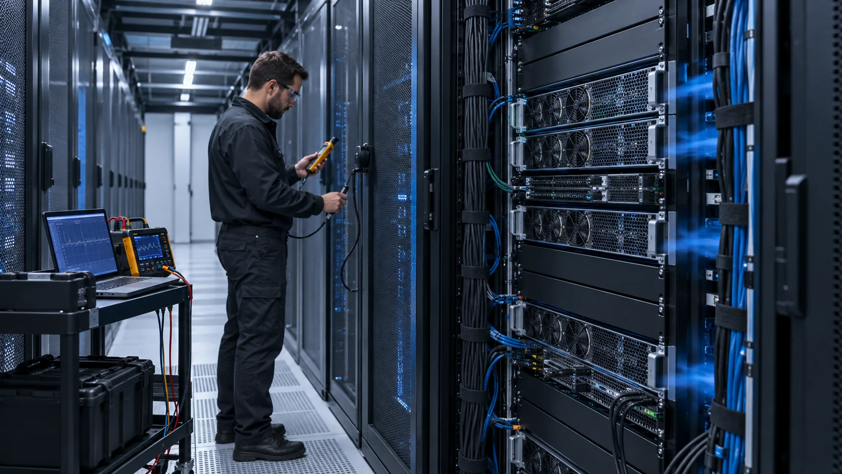 Thermal engineer measuring pressure and power in a high-density AI data-center rack aisle