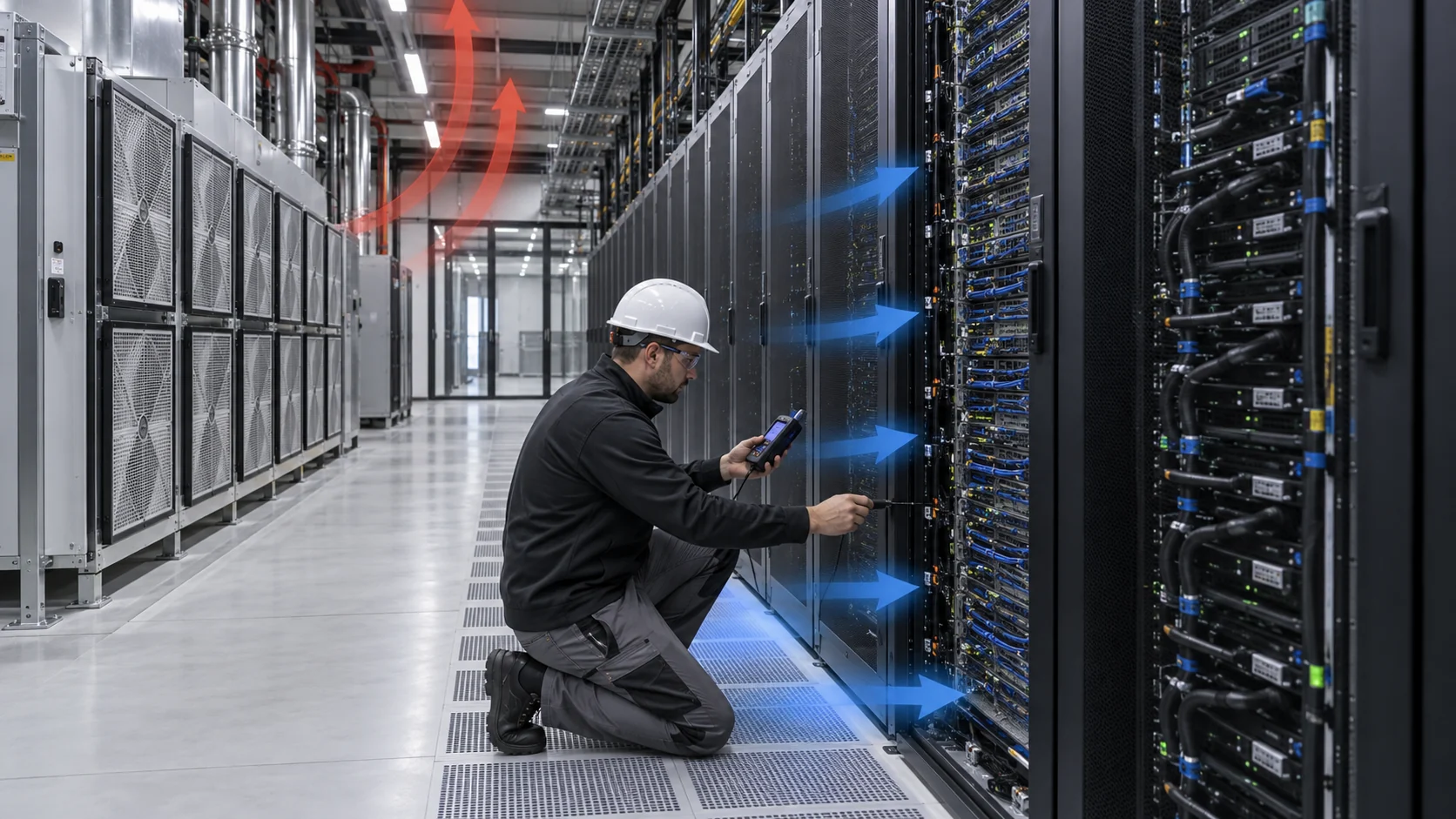 Data-center engineer measuring rack inlet temperature and airflow beside a high-density AI server row