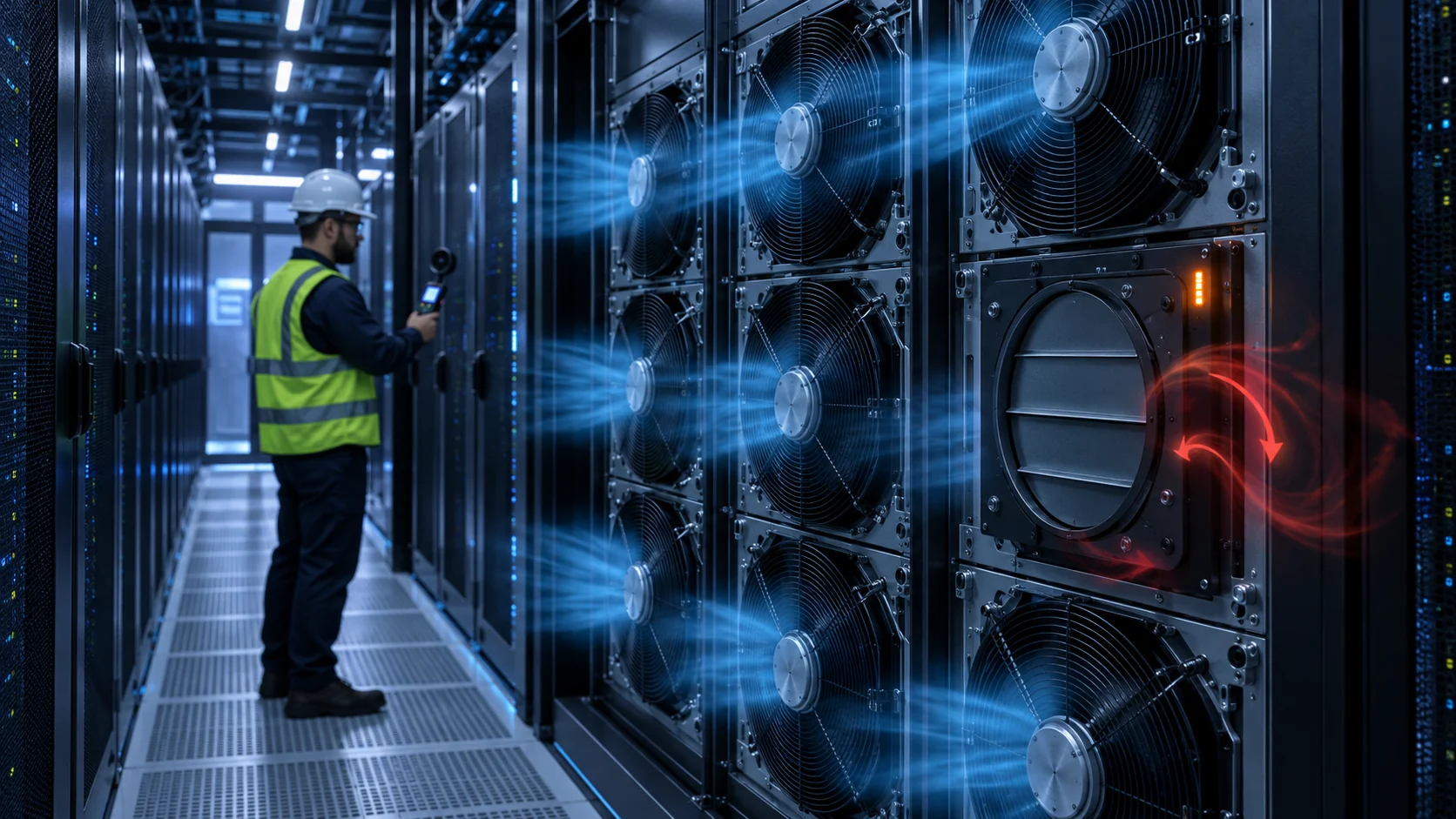 Data-center engineer inspecting an AI fan wall with one failed module isolated by a backdraft damper