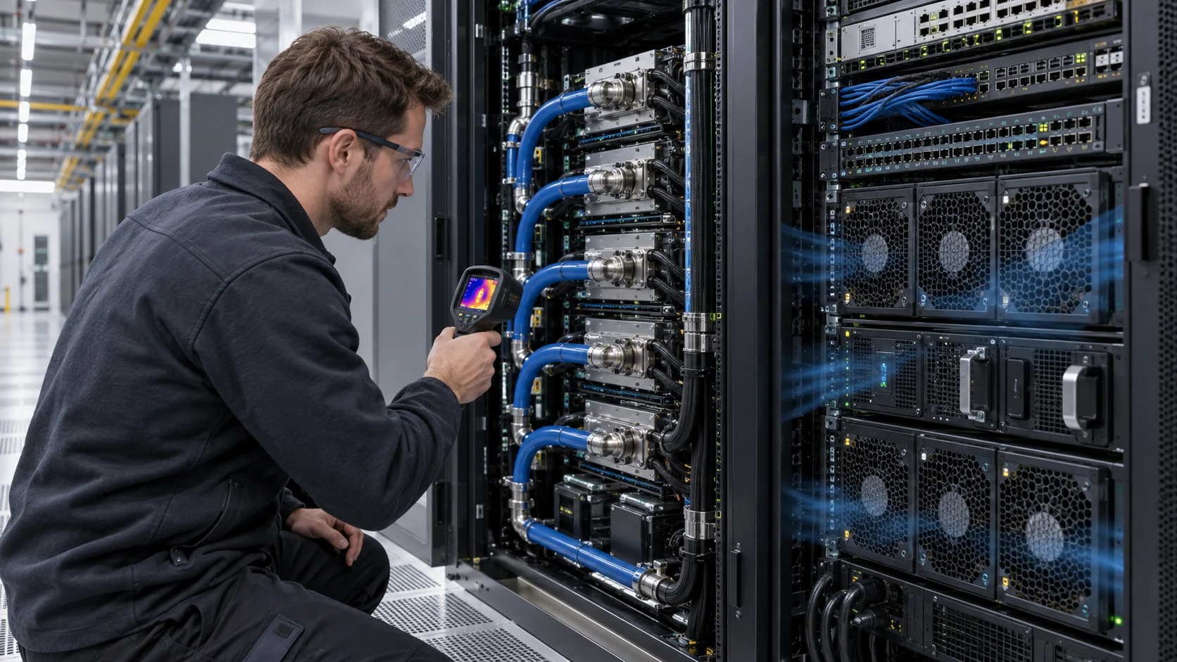 Engineer inspecting a hybrid liquid-cooled AI server rack with auxiliary air-cooling fans for networking and power sections