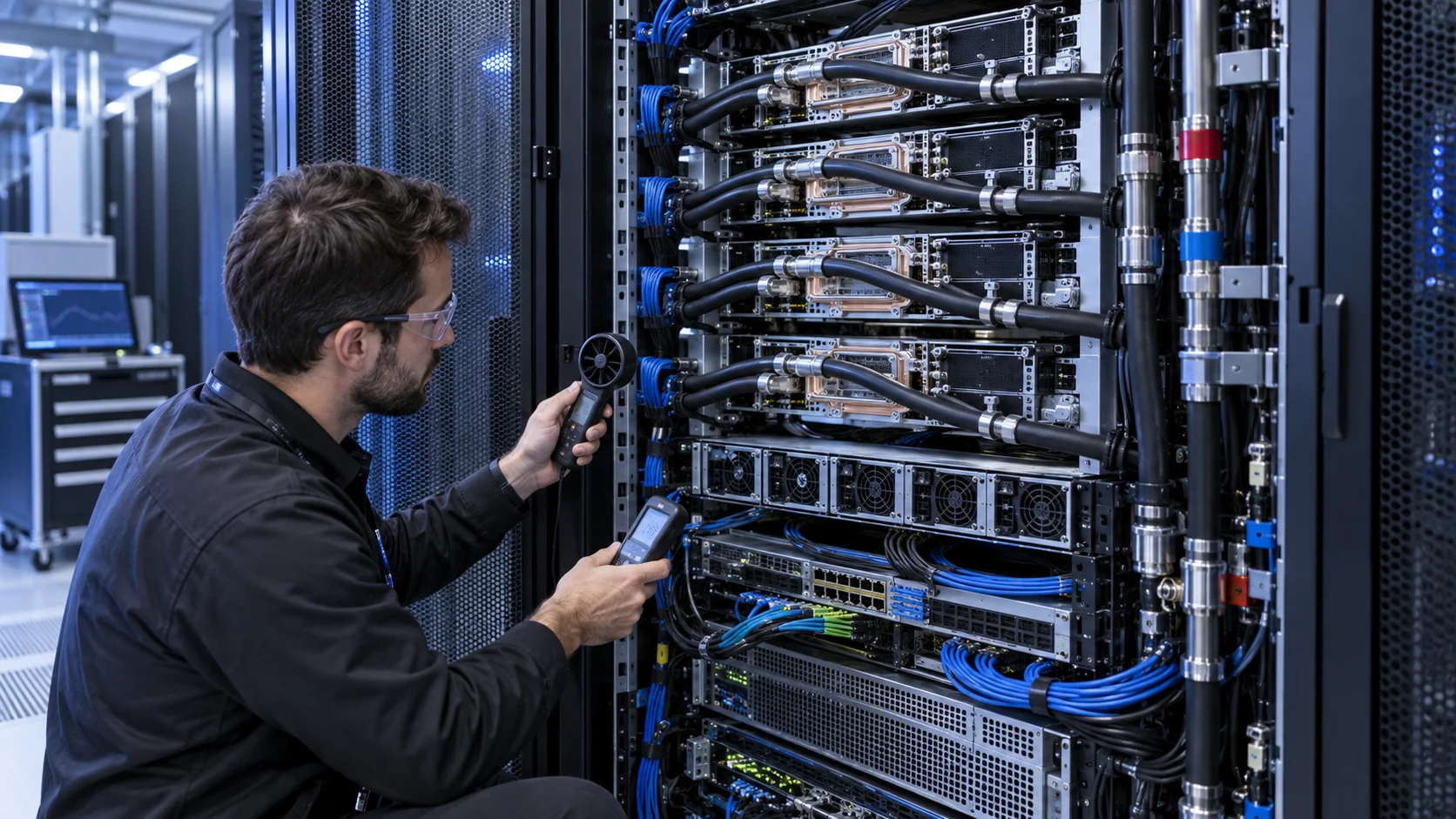 Engineer measuring airflow on a liquid-cooled AI server rack with power shelves, network electronics and auxiliary fans
