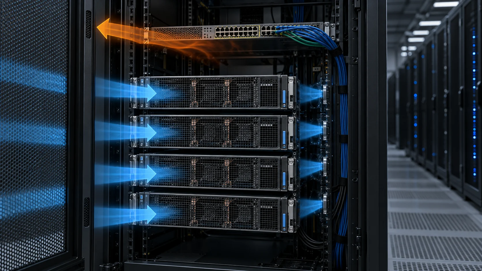 AI rack with correctly oriented GPU servers and a top switch showing airflow direction