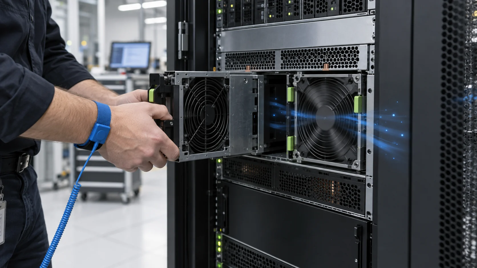Technician removing a hot-swap fan module from a high-density AI server while an adjacent fan continues operating