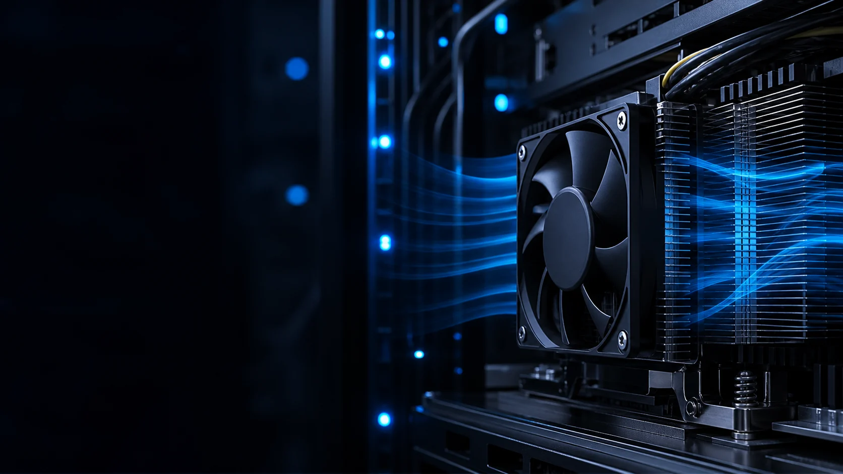 High-performance DC cooling fans moving air through a dense server chassis