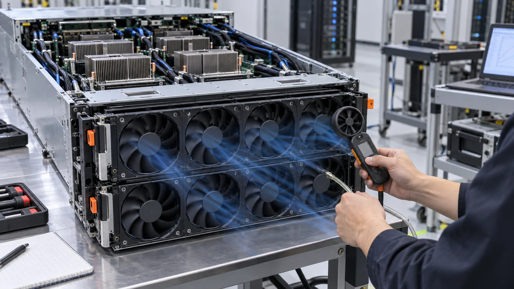 Thermal engineer measuring airflow across a multi-fan AI server tray with visible heat sinks and cable routing
