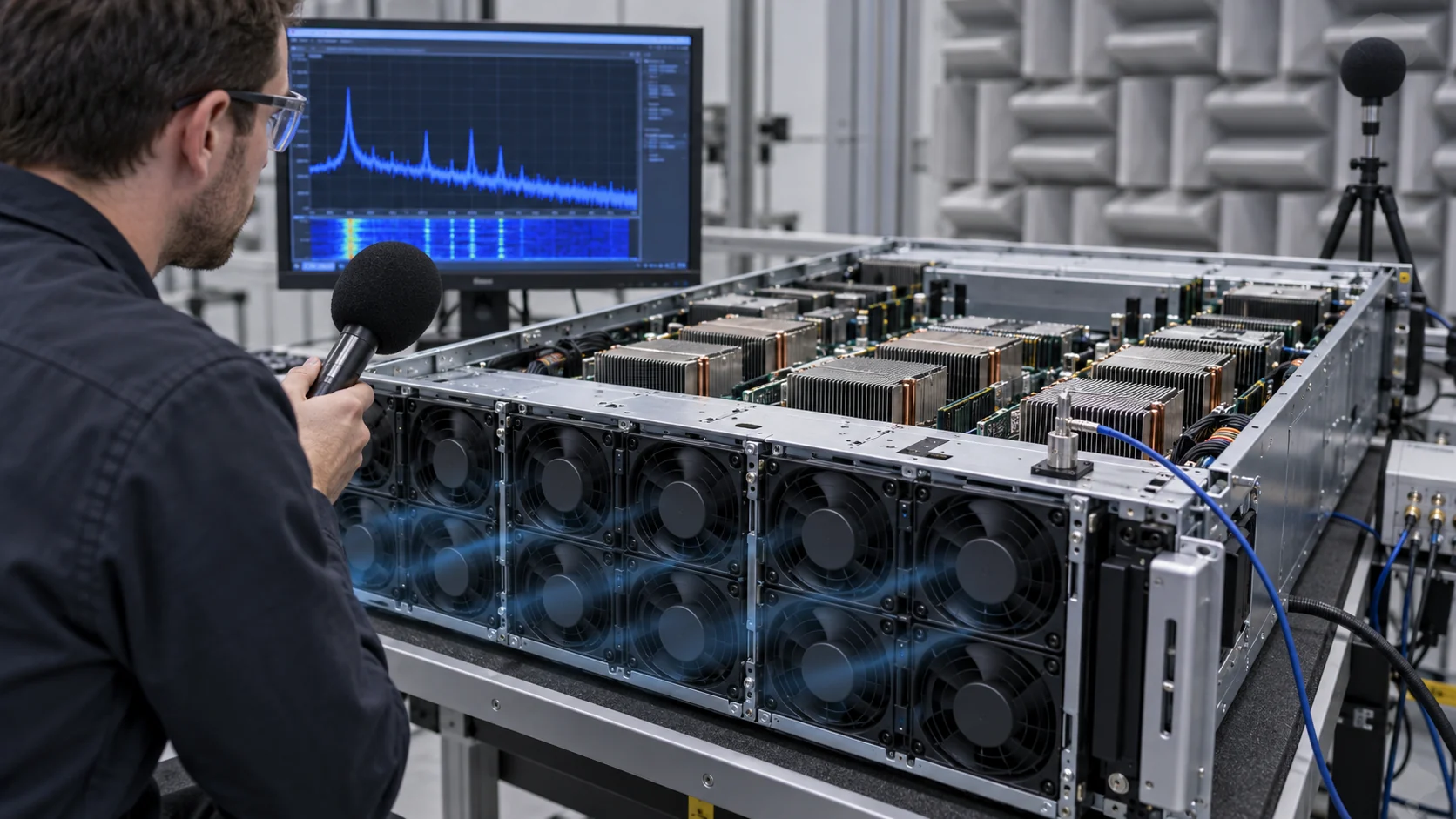 Engineer measuring acoustic spectrum and vibration on a high-density AI server fan tray