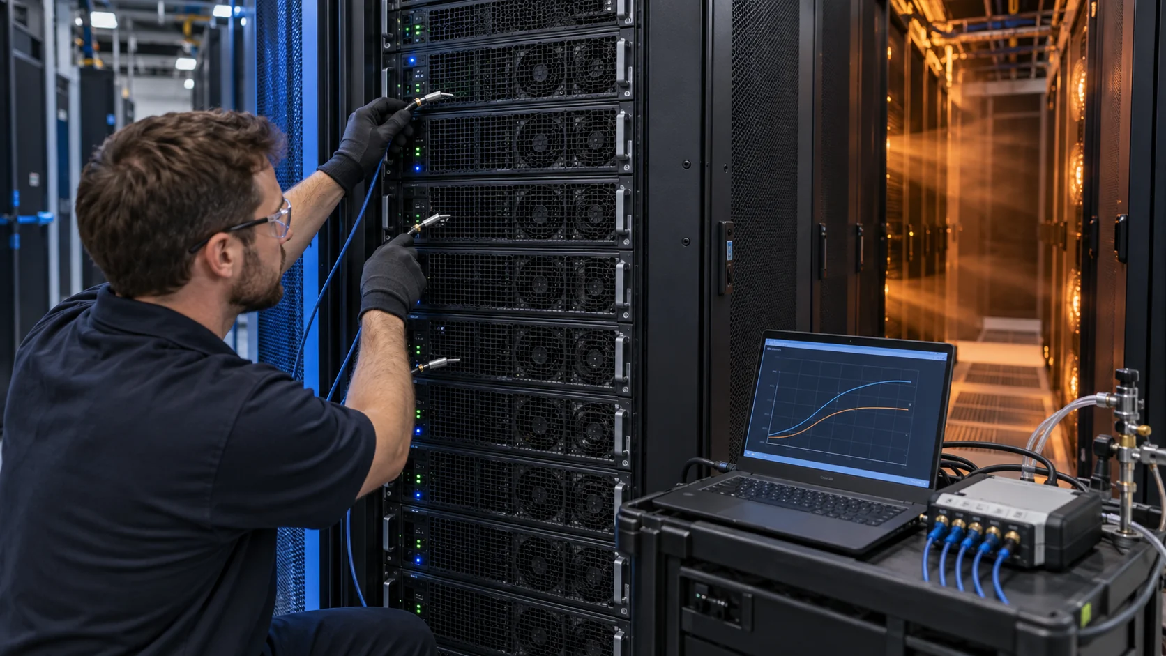 Thermal engineer placing temperature probes at the front inlet of a dense AI server rack while reviewing fan curves