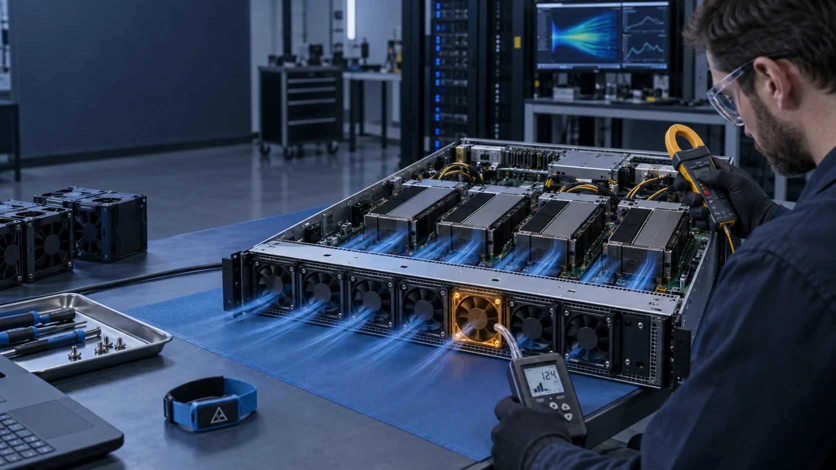 Technician evaluating realistically scaled compact fan modules in an open GPU server chassis with dense heat sinks