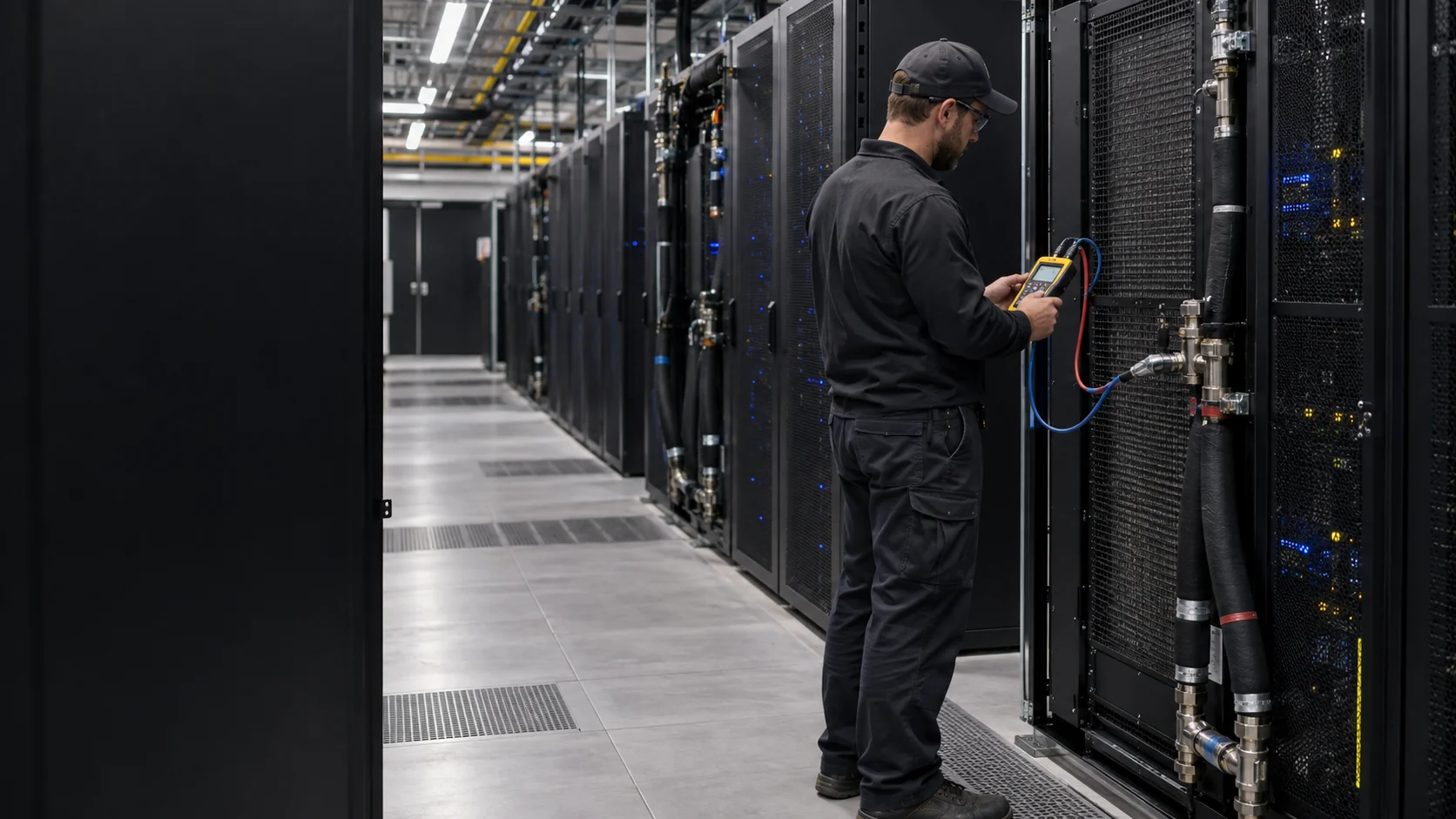 Illustrative data-center technician checking pressure at a rear-door heat-exchanger coil and inspecting insulated water connections on a high-density rack