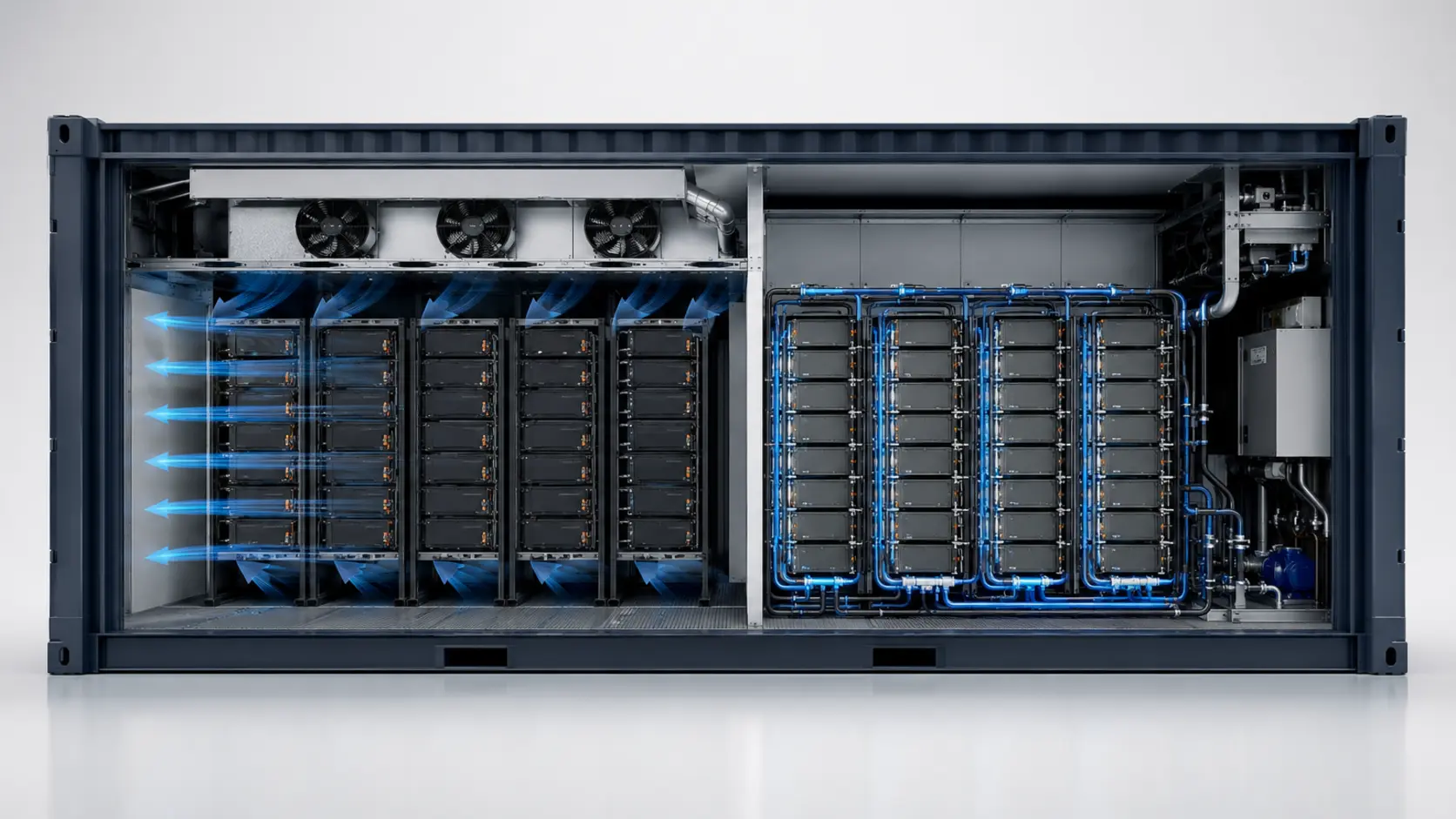 BESS container showing air-cooled versus liquid-cooled battery pack thermal management