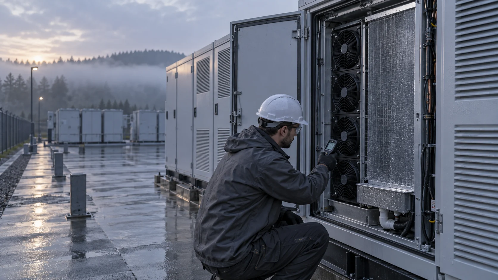 Technician checking humidity conditions at an outdoor BESS cooling cabinet with a realistically proportioned fan array and condensate drain