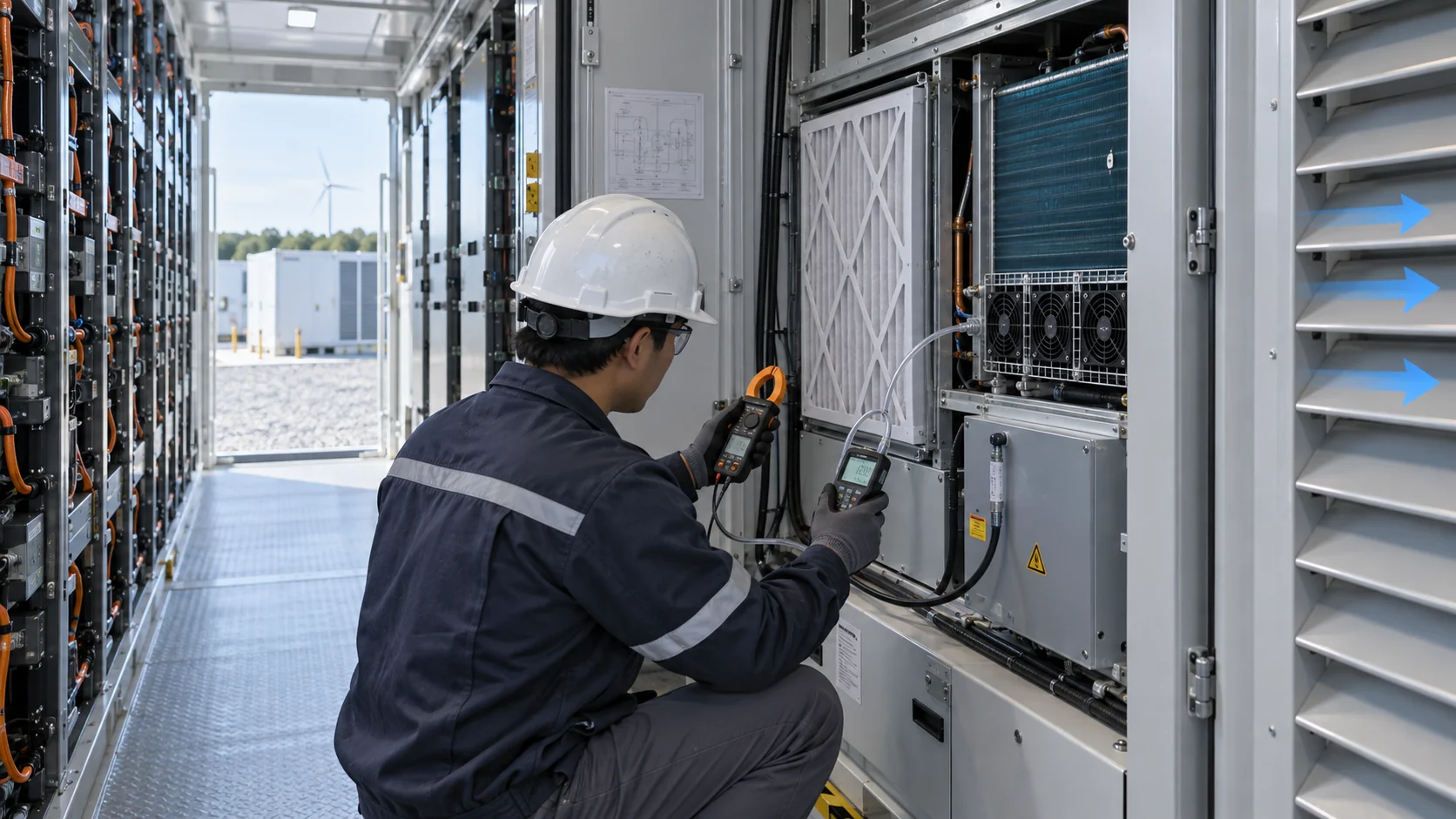 Thermal engineer measuring fan electrical input and filter-to-coil differential pressure in a BESS HVAC cabinet with a realistically sized three-fan array