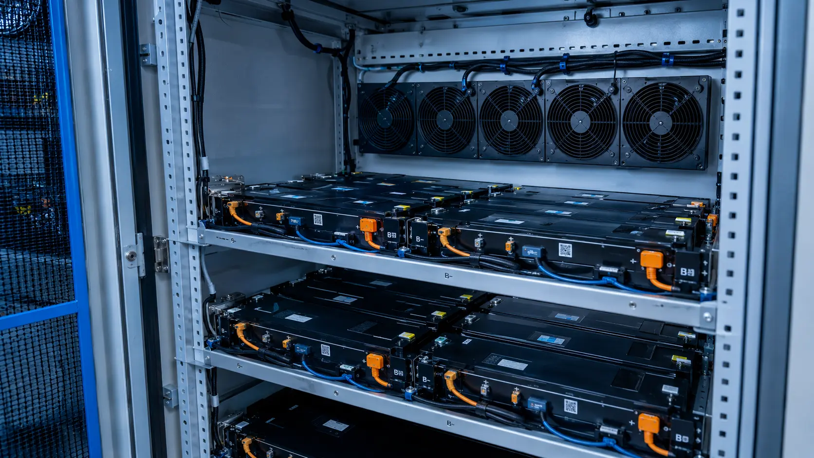 Interior of a battery energy storage rack with rows of LiFePO4 modules and 140mm 24V axial cooling fans forcing air across the pack