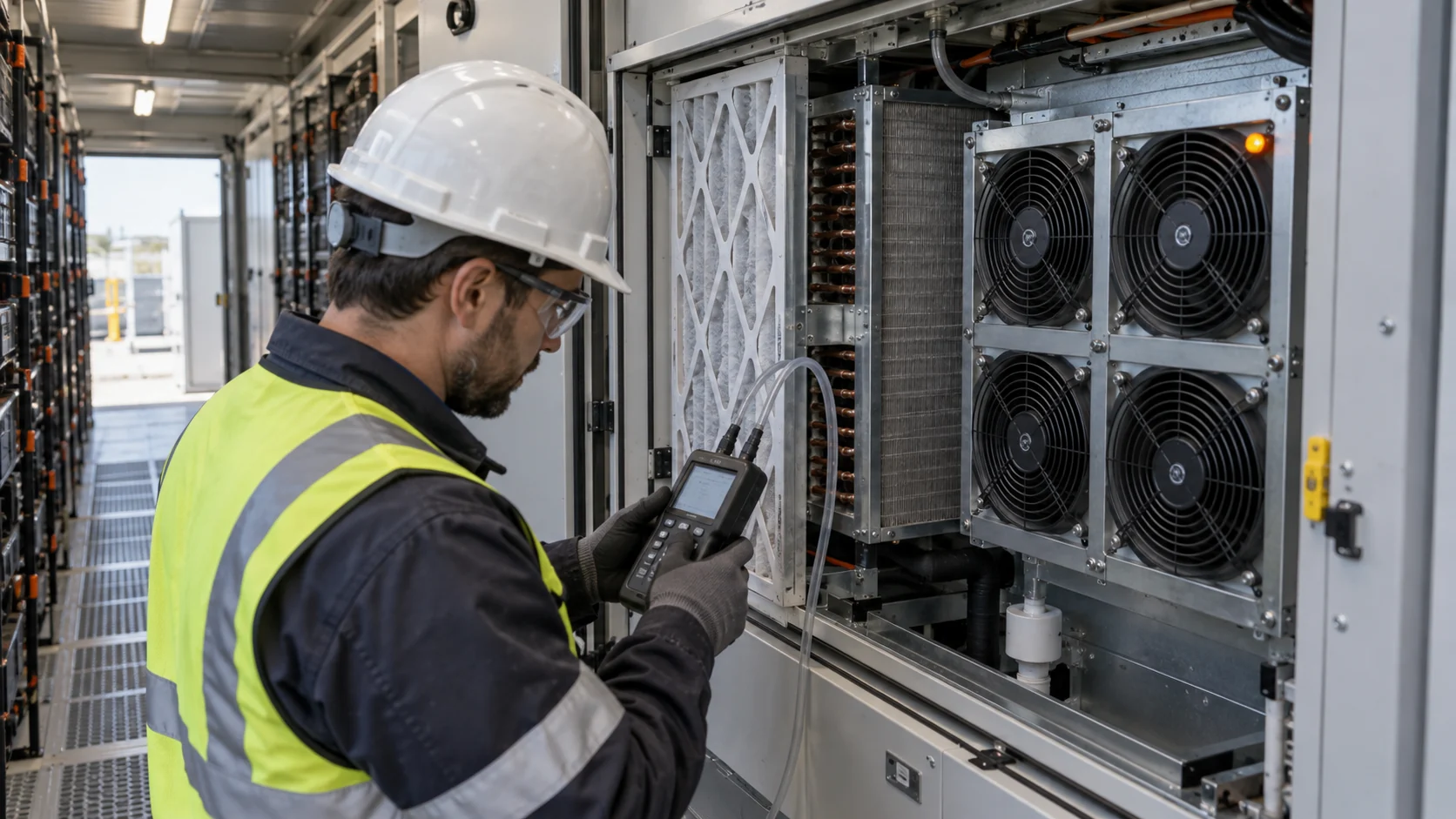 Engineer measuring installed pressure across a BESS HVAC filter and coil beside a realistically proportioned four-fan cooling array with one amber maintenance indicator