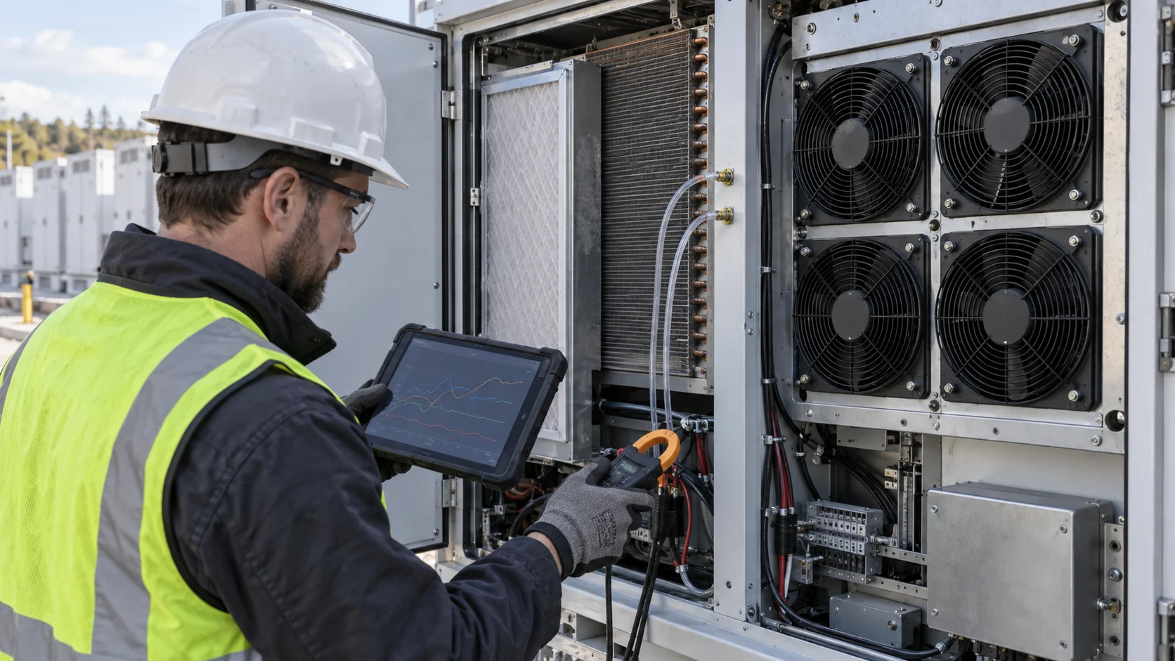 Technician comparing pressure, current and temperature trends beside a realistically proportioned BESS cooling fan array