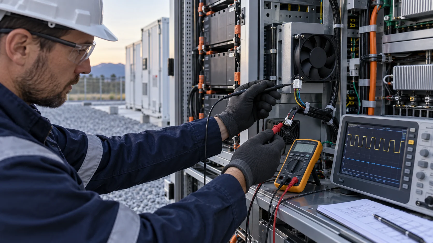 Engineer commissioning a BESS cooling fan harness with an oscilloscope and multimeter near battery power electronics