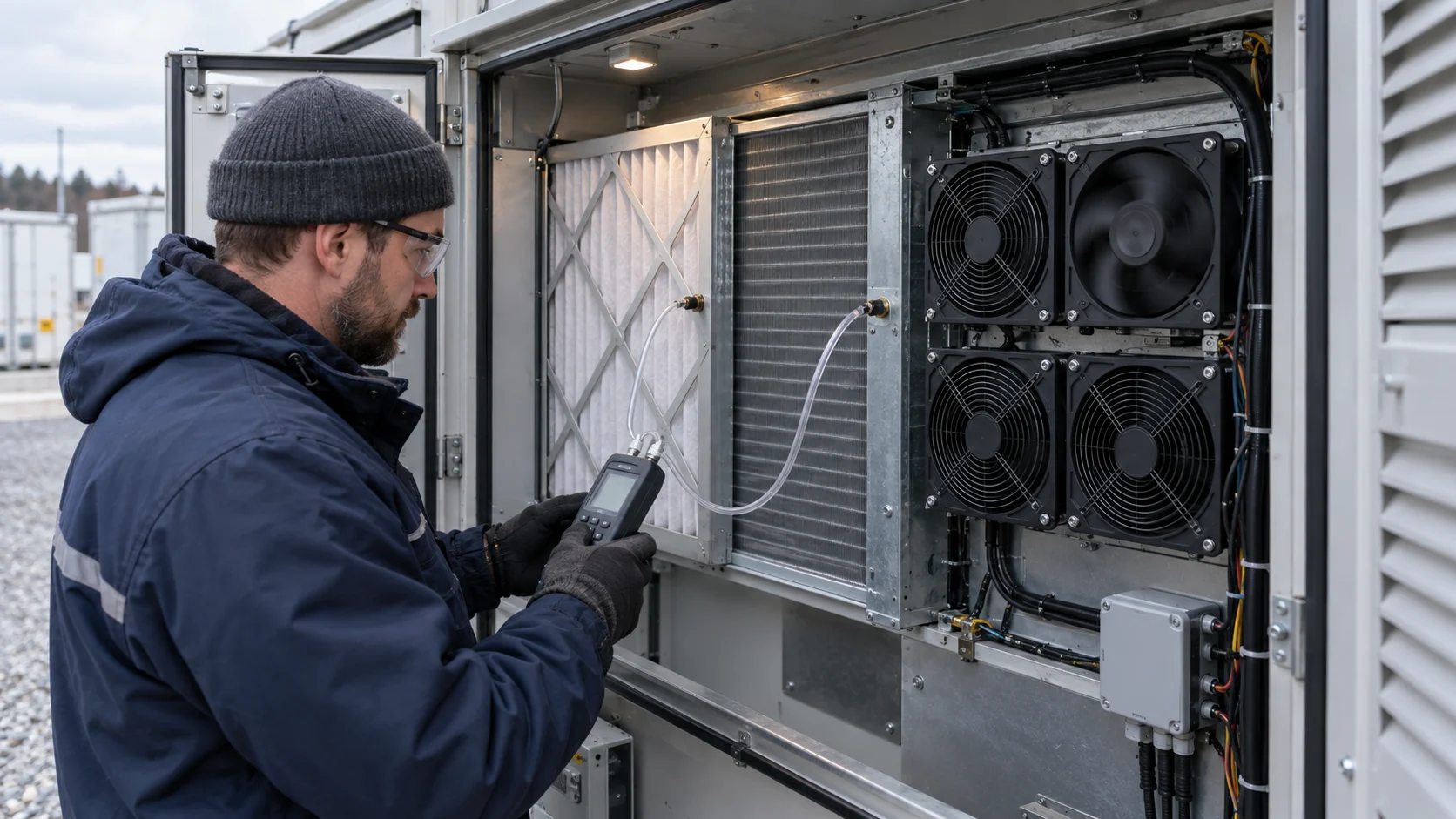 Thermal engineer using a differential pressure meter across a filter and coil in an outdoor BESS HVAC cabinet beside a realistically scaled four-fan DC axial array