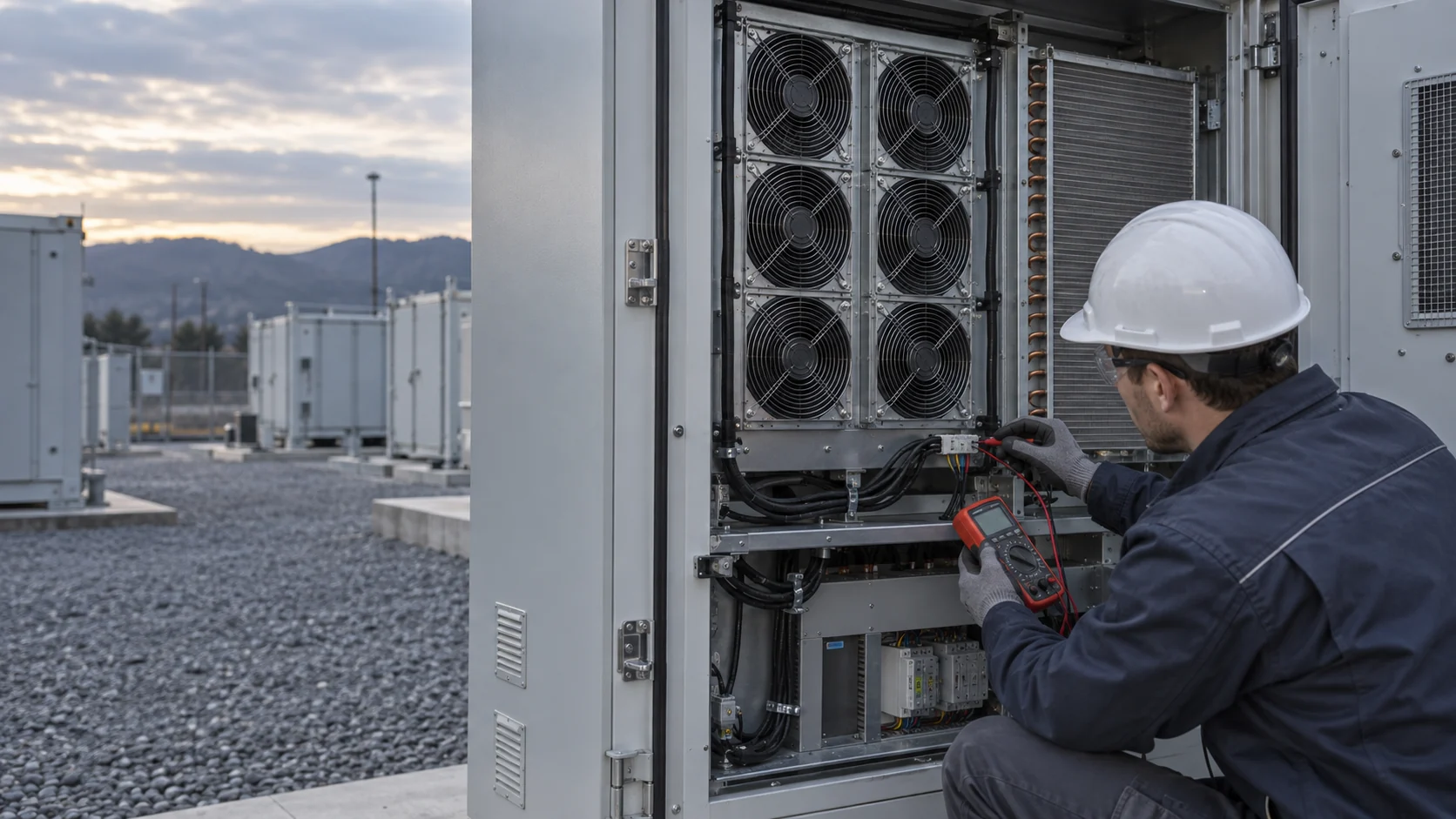 Technician measuring a four-wire cooling-fan connector in an outdoor BESS cabinet with realistically proportioned fan modules