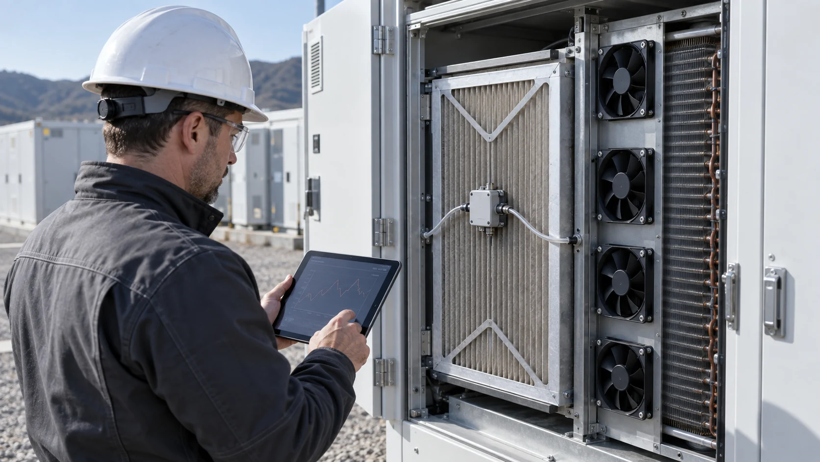 Engineer checking a differential pressure transmitter across an intake filter in an outdoor BESS HVAC cabinet with realistically sized four-fan cooling array