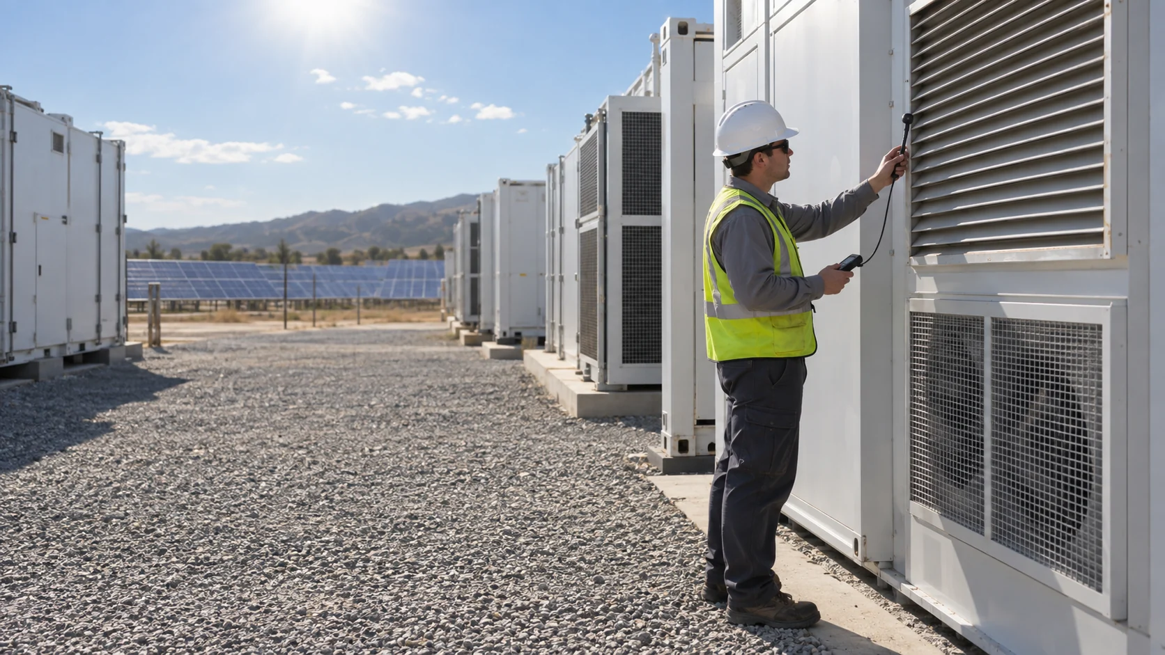 Technician measuring air temperature at a BESS HVAC louver on a sunny energy-storage site with realistically proportioned outdoor cooling equipment