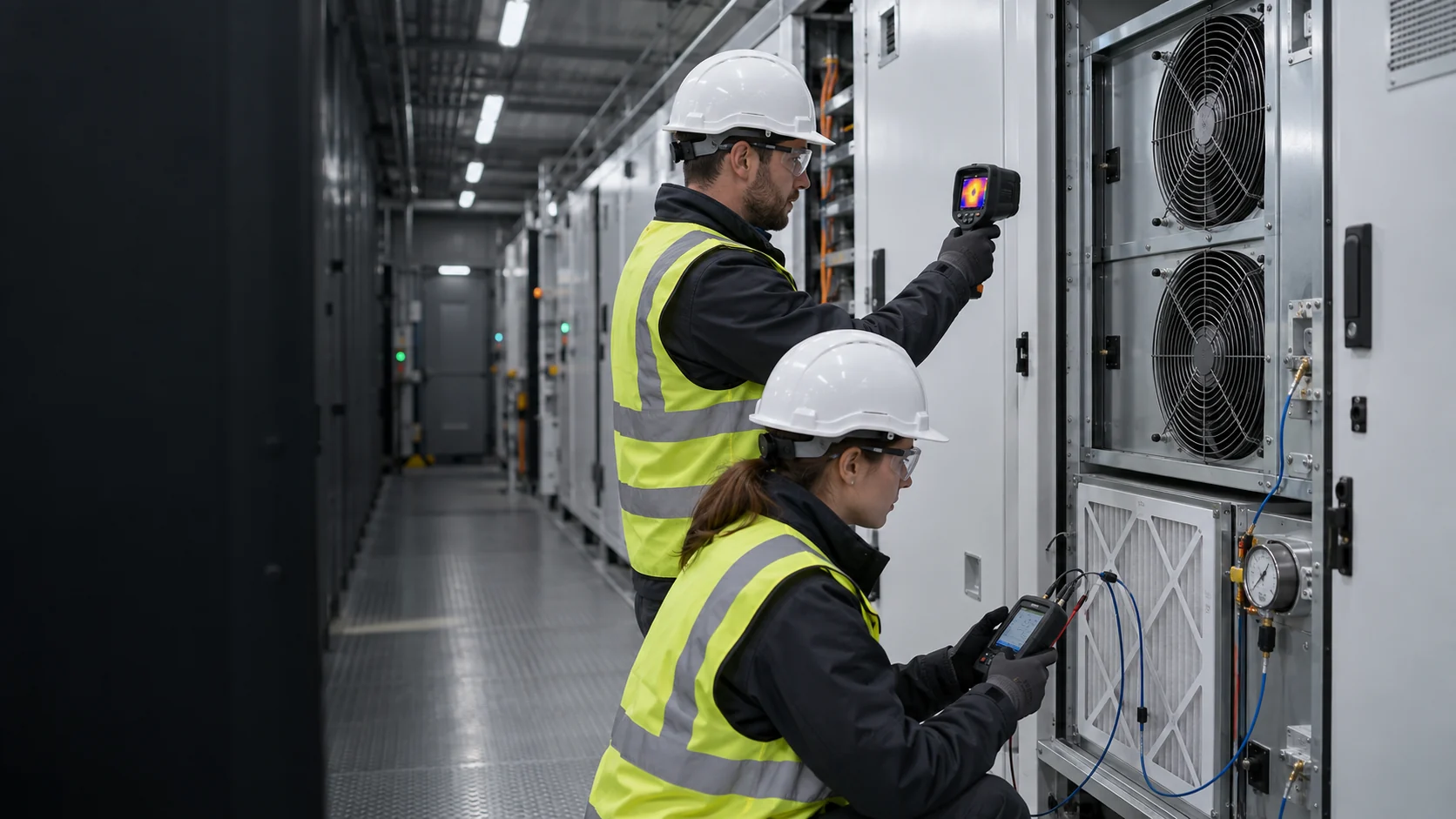 Engineers commissioning BESS HVAC equipment with thermal camera, differential pressure gauge, filter access and realistically scaled axial fan modules