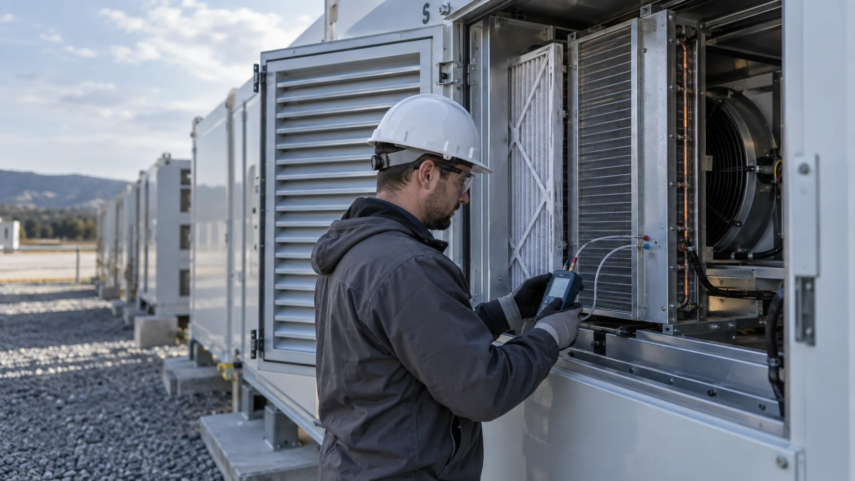 Engineer measuring differential pressure across a filter and coil in a BESS liquid-to-air heat exchanger cabinet with a realistically scaled fan behind the coil