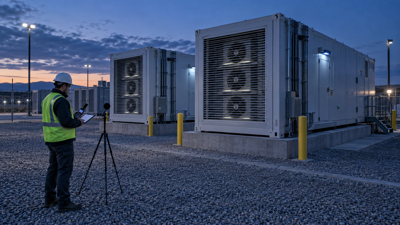 Engineer performing acoustic measurements at a realistic outdoor BESS cooling site during blue-hour evening with proportioned louvered fan cabinets