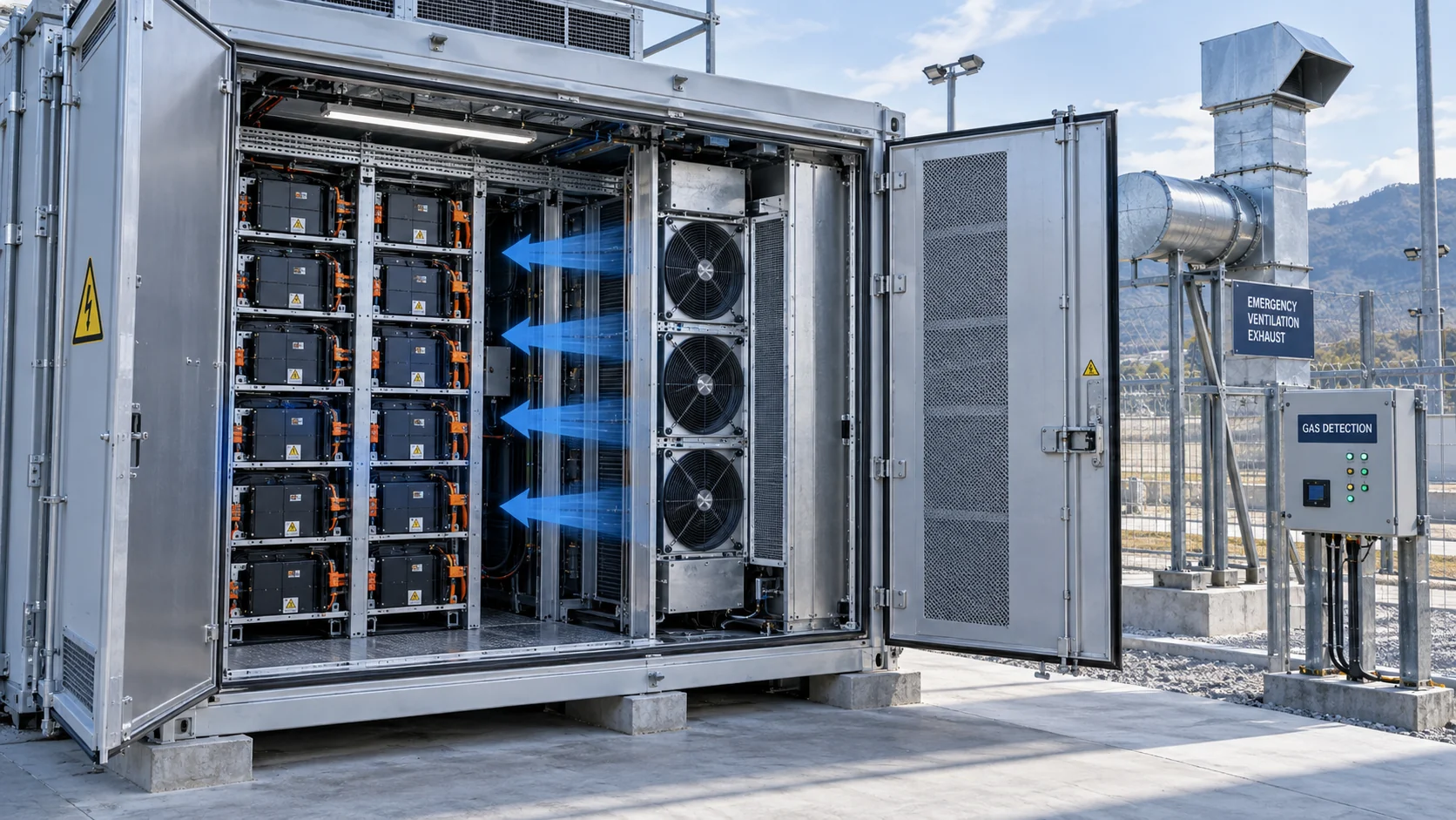 Outdoor battery energy storage container with normal cooling fans, liquid heat exchanger and separate emergency exhaust infrastructure