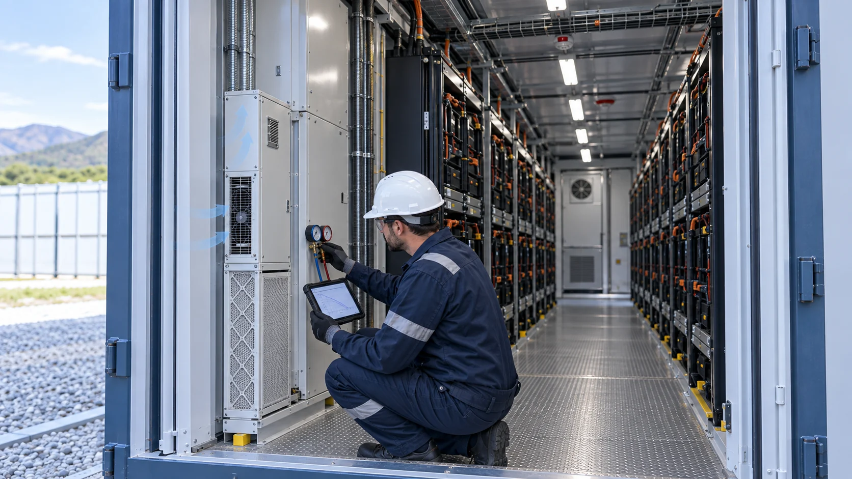 Technician inspecting correctly sized cooling fans and filter inside a BESS HVAC cabinet while reviewing a fan curve