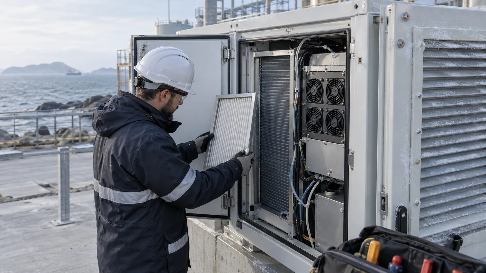 Outdoor BESS cooling cabinets with realistically sized fans, protected louvers and coastal humidity conditions