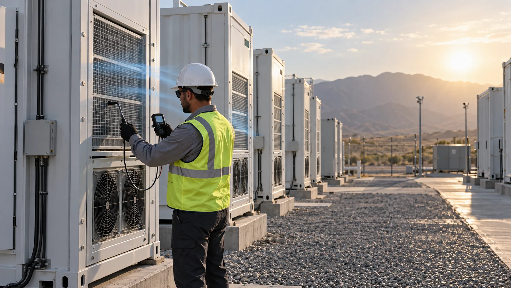 Engineer measuring intake temperature and differential pressure at outdoor battery energy storage cabinets in a hot climate